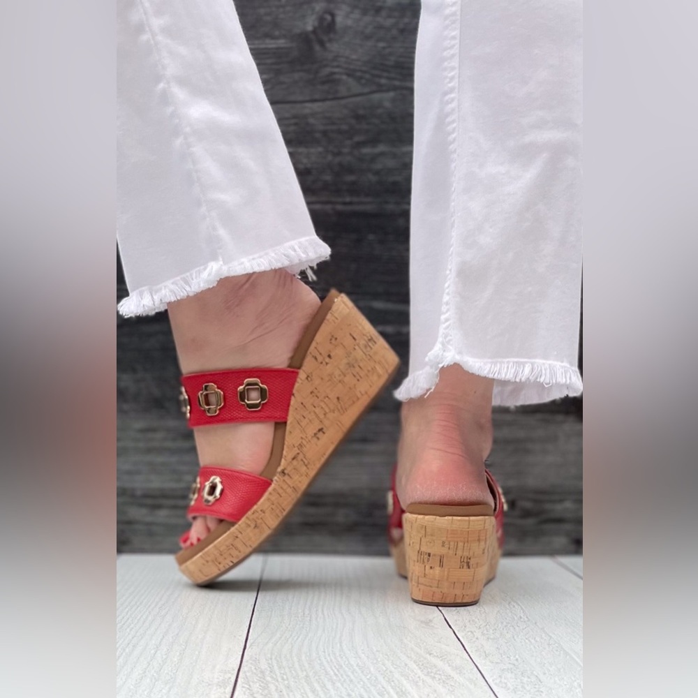 Corkys Footwear Hi Tide Wedge Sandal in Red with Gold Floral Rivets - Picture 6 of 7